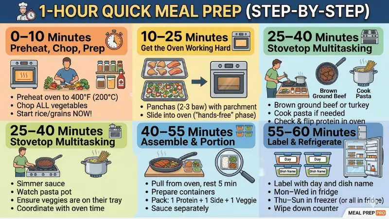 Step-by-step infographic showing a 1-hour meal  prep timeline broken into 10-minute segments  for prepping 7 dinners at once