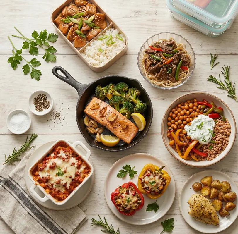 Collage of seven easy meal prep dinner ideas  including teriyaki chicken, garlic salmon, beef  stir-fry, and stuffed peppers for weekly prep