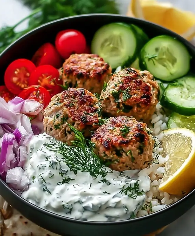 Greek Chicken Meatballs with Lemon Orzo