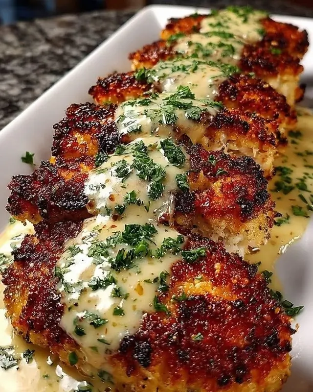 Parmesan Crusted Chicken with Creamy Garlic Sauce