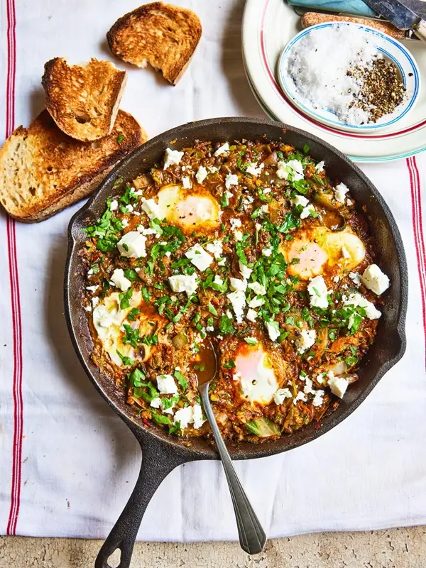 Shakshuka with Rainbow Chard and Feta