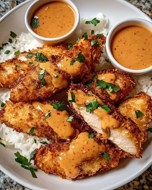 Flat lay of bang bang chicken bowl ingredients including chicken breast, mayonnaise, sweet chili sauce, sriracha, rice, cabbage, cucumber, and carrots