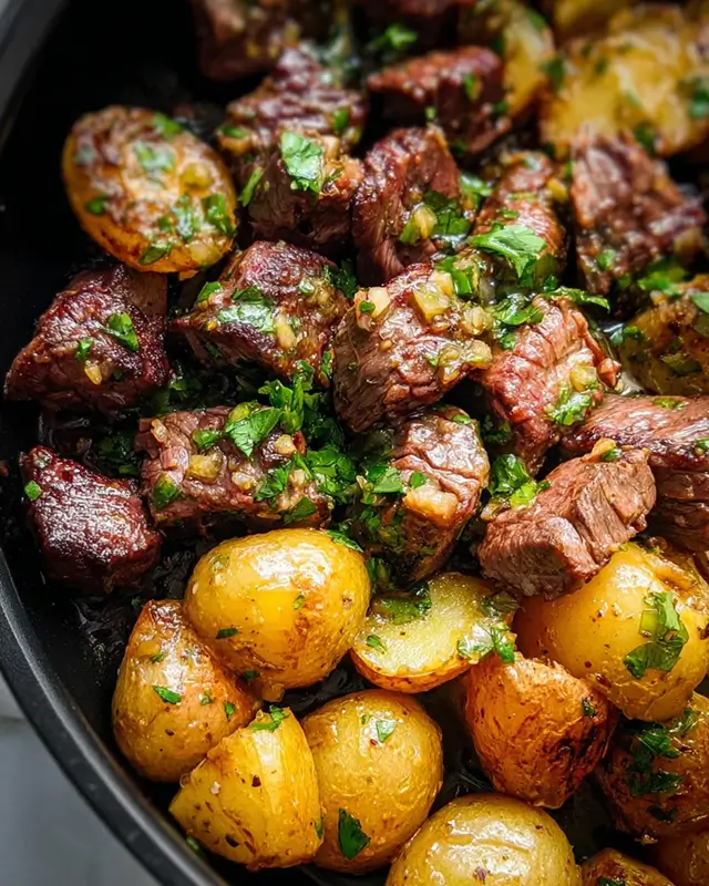Raw beef and baby potatoes layered in slow cooker with garlic butter sauce
