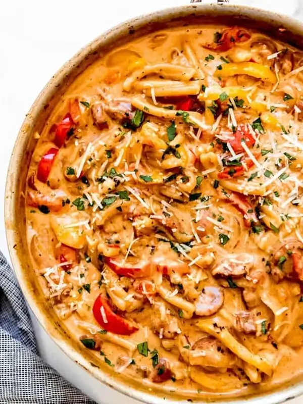 All ingredients for one-pot Cajun sausage pasta laid out including andouille sausage, penne pasta, bell peppers, heavy cream, and Cajun spices