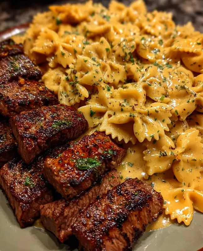 Two variations of cowboy butter bowtie pasta — one with shrimp and one with a creamy sauce, plated side by side
