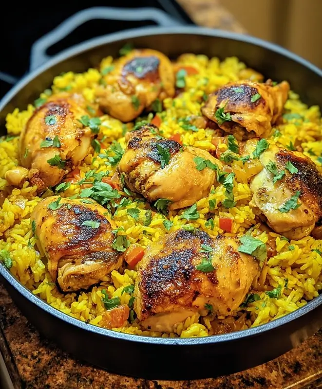 A plate of French Onion Chicken Rice Bake with juicy chicken, cheesy crust, and savory rice