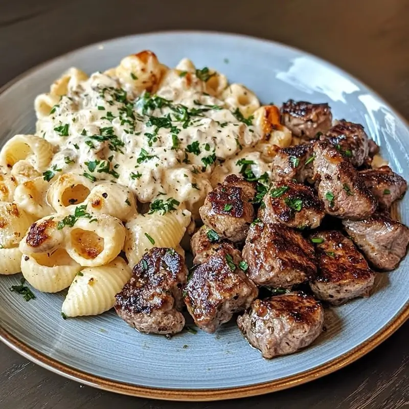 Plated garlic steak tortellini served alongside garlic bread and a simple green salad