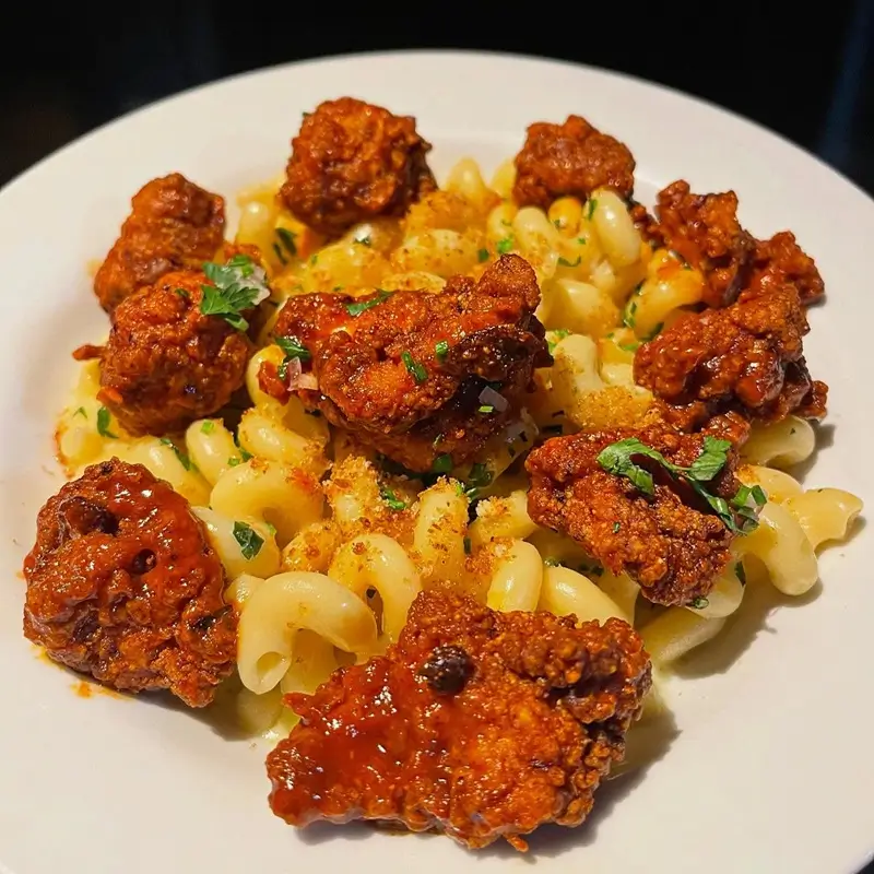 Finished honey pepper chicken mac and cheese dish