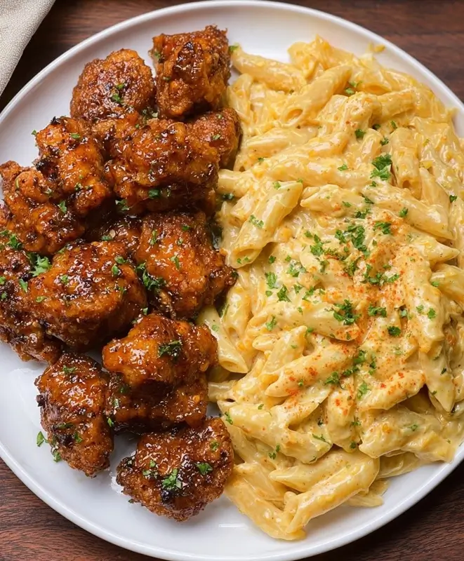 Plated honey pepper chicken mac and cheese serving