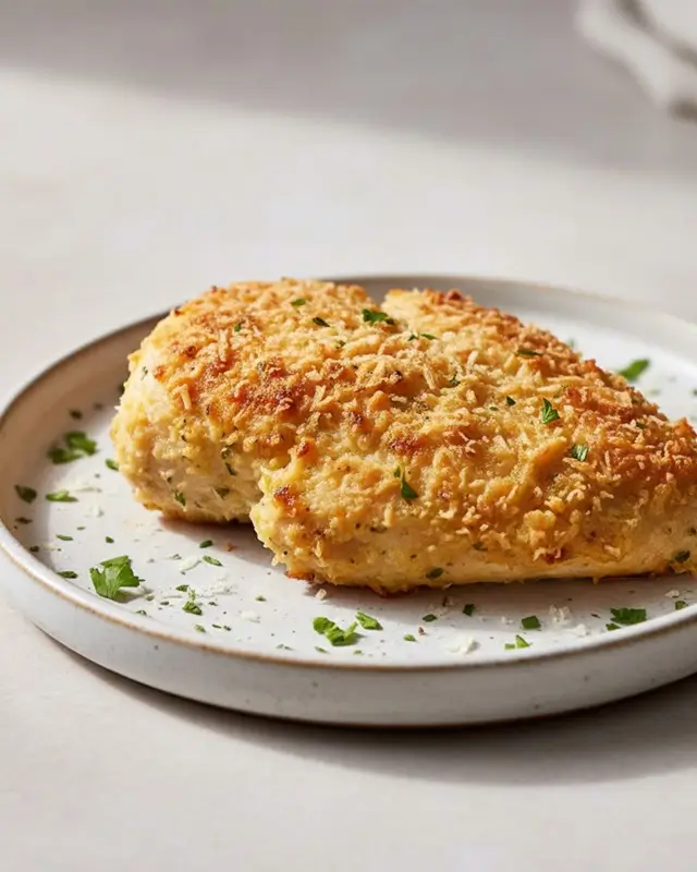 Step by step process of making parmesan crusted chicken from coating to pan frying in a skillet