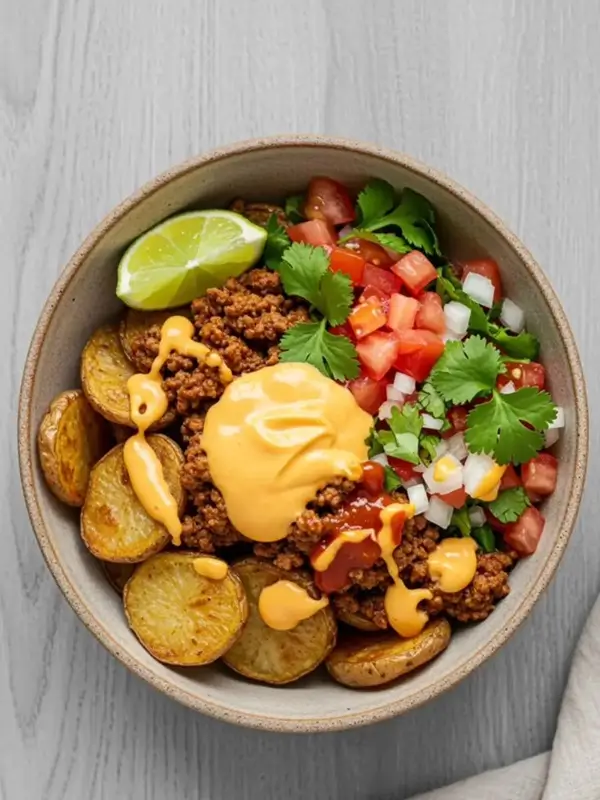 Close-up of a loaded potato taco bowl with guacamole and lime
