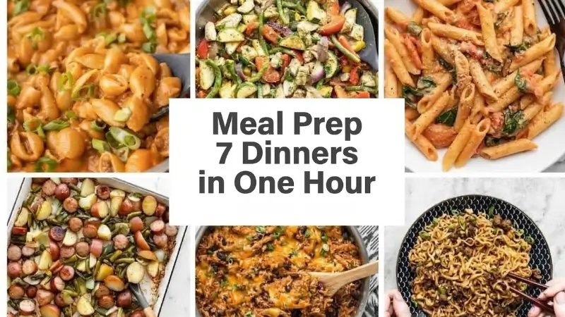 Flat lay of meal prep essentials including airtight containers, a sharp knife, cutting board, and sheet pans on a kitchen counter