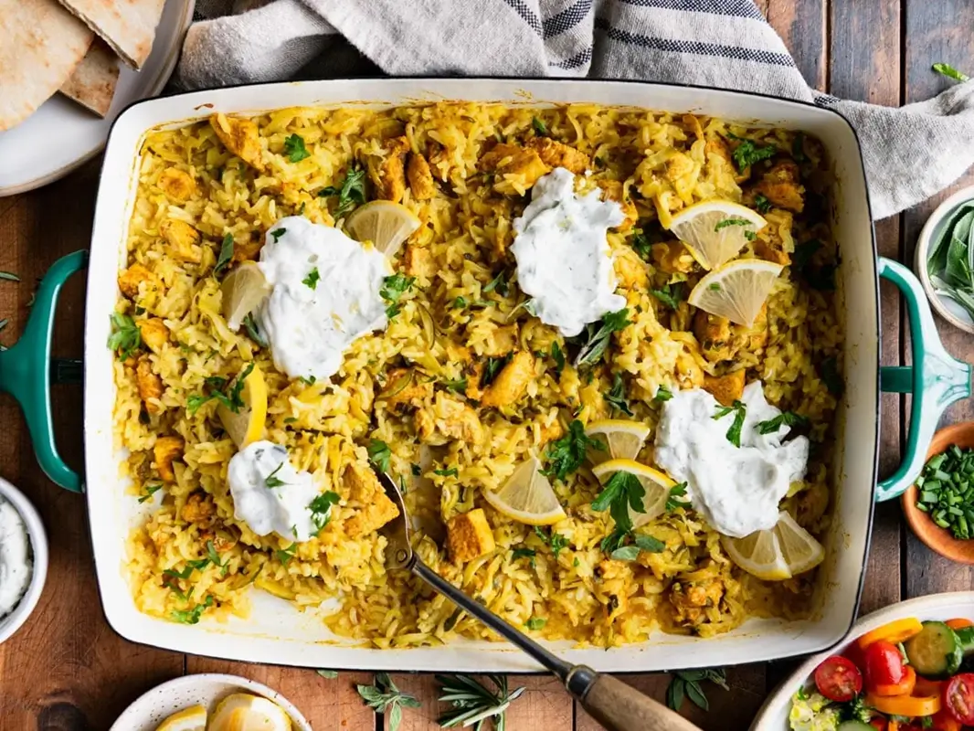 Easy one-pan chicken tzatziki rice dinner with Mediterranean flavors