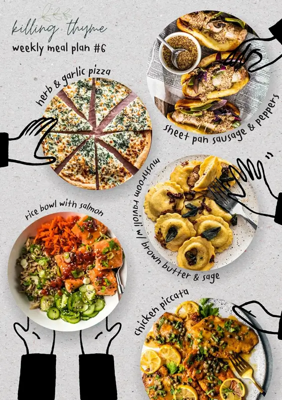 Flat lay of one-pan dinner ingredients including protein, vegetables, and seasonings