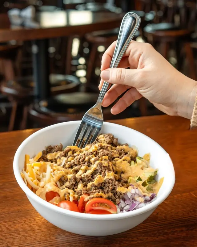 Overhead view of assembled smash burger bowl with lettuce base, toppings, and sauce