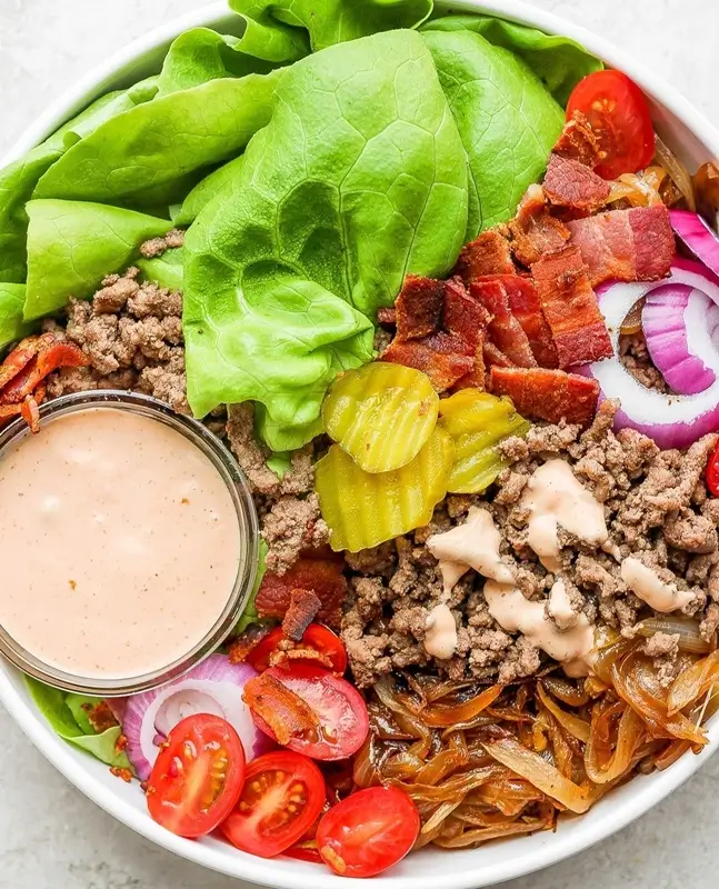 Smash burger bowls prepped for the week as a high-protein dinner option