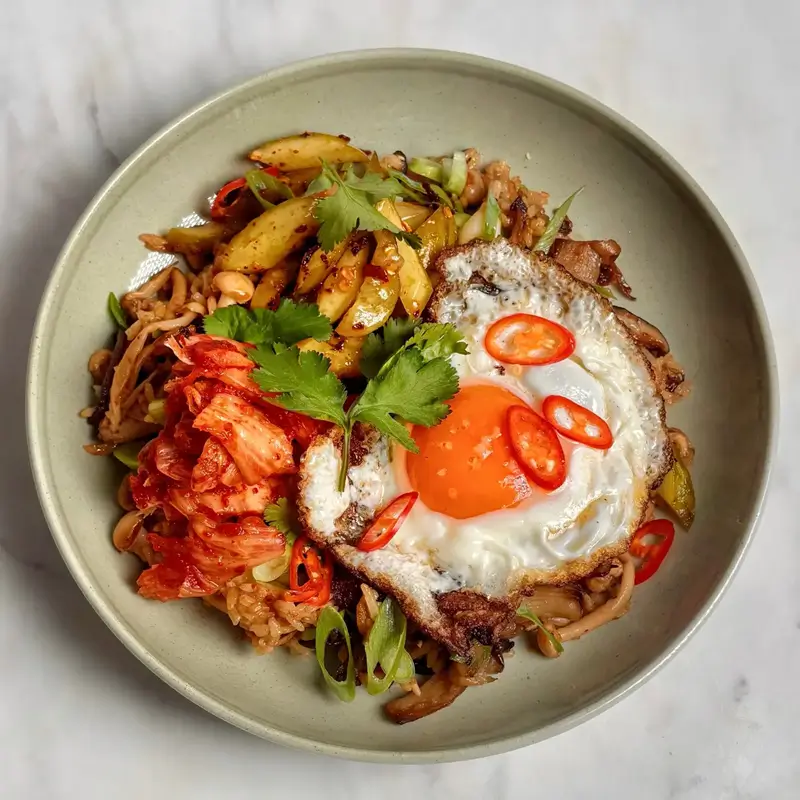A bowl of golden spiced rice topped with a crispy fried egg and hot sauce, an easy one pan dinner for college students