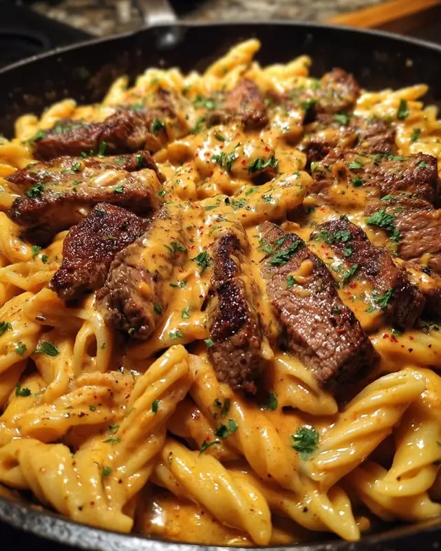 Steak bites arranged in a single layer in a hot skillet to achieve proper sear without steaming