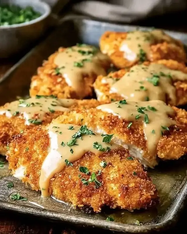 Golden parmesan chicken skillet with perfectly crispy crust resting on a cast iron pan with fresh herbs