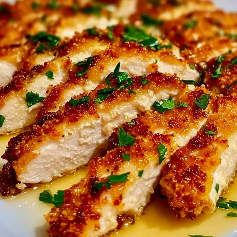 Flat lay of all ingredients for parmesan crusted chicken with creamy garlic sauce including parmesan cheese, breadcrumbs, garlic, cream, and chicken breasts