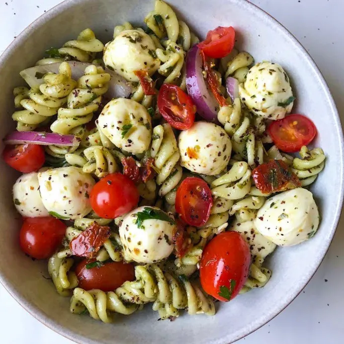 Caprese Skewers with Pesto Drizzle